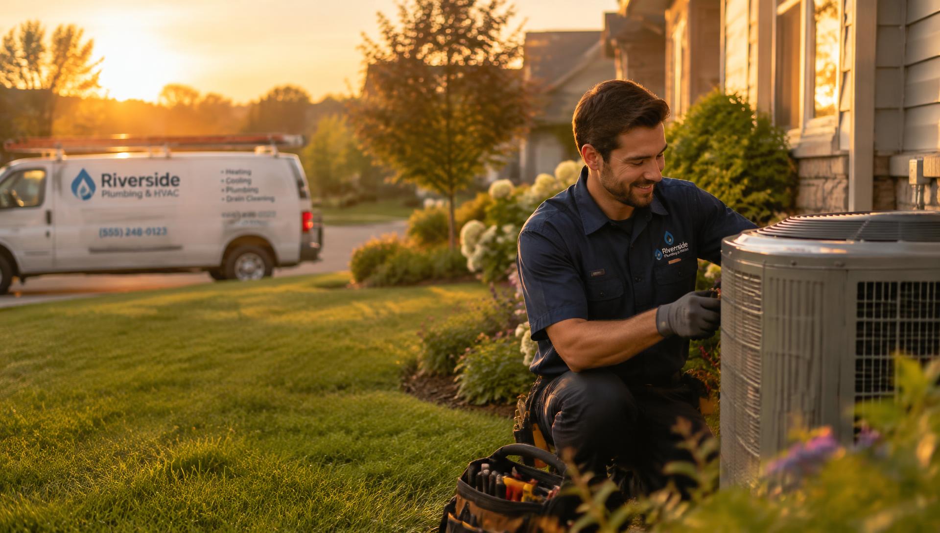 Technician servicing an air conditioner outside a home
